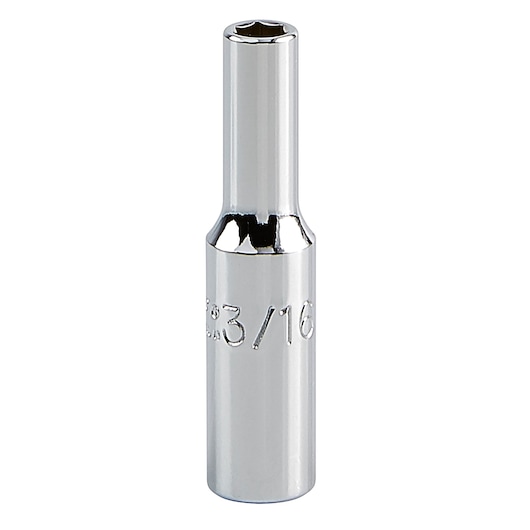 PROTO J4706L chrome finish long socket, hexagonal shape, shown upright on white background, photography.