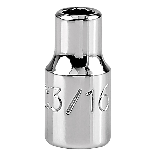 Photo of PROTO J4706T chrome 3/16-inch socket, shown upright on white background, tool engraved with size.