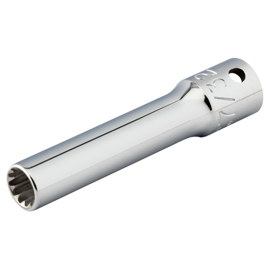 PROTO J4707DPL chrome finish 12-point deep socket side angle on white background.