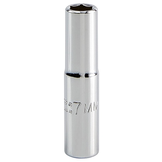 PROTO J4707LM chrome 7mm deep socket, cylindrical design, front angle on white background.
