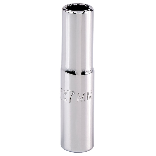 PROTO J4707LTM chrome deep socket, 7MM size, photographed upright on white background.