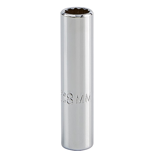 Photo of PROTO 8mm long chrome socket, SKU J4708LTM, tool vertical on white background.