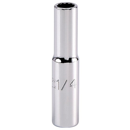 PROTO J4708LT chrome deep socket, 12-point, 1/4 inch, upright angle on white background.