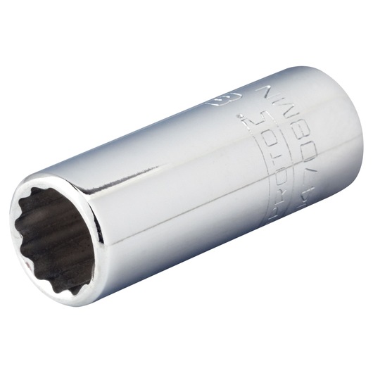 PROTO J4708MN chrome socket, photography of 12-point long socket with engraved branding, angled view.