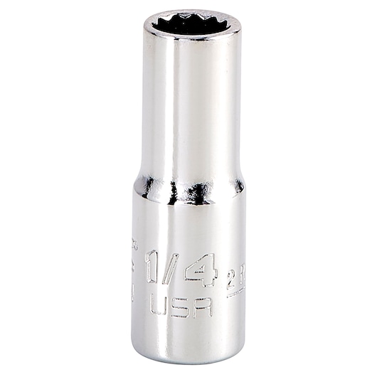 PROTO J4708N chrome hand socket with 1/4 inch drive, twelve-point design, front view on white background.