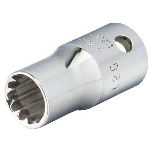 PROTO J4708SPL chrome-finish 12-point socket, side angle on white background.