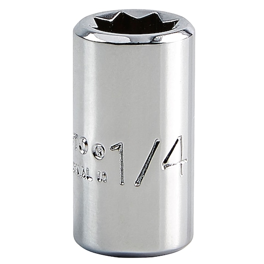 Photo of PROTO chrome 1/4 inch socket, SKU J4708S, upright angle on white background.