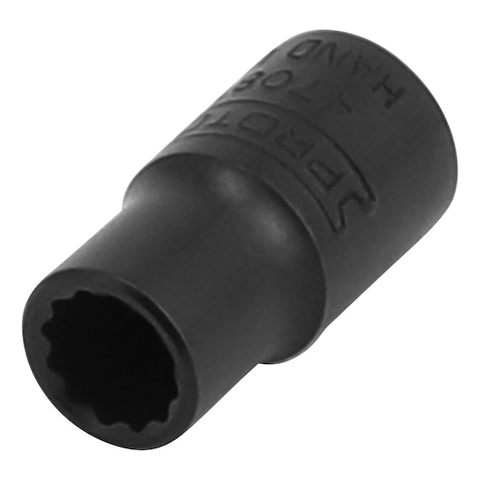 PROTO J4708TB black socket, twelve-point hand tool, angled studio view.