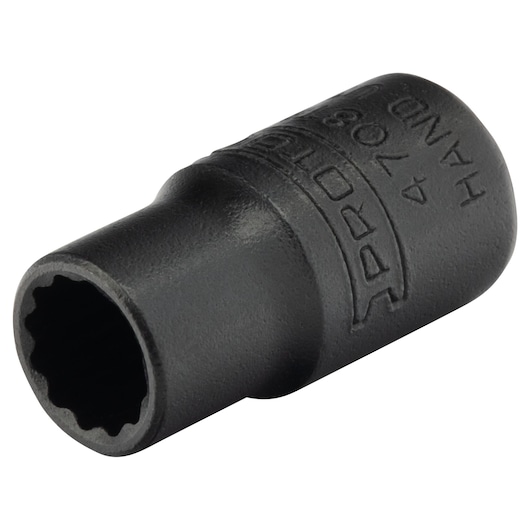 Photo of PROTO J4708TB black hand socket, close-up angled on white background.