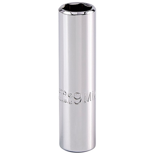 PROTO J4709LM chrome deep socket, 6-point, 9mm, upright front view on white background.