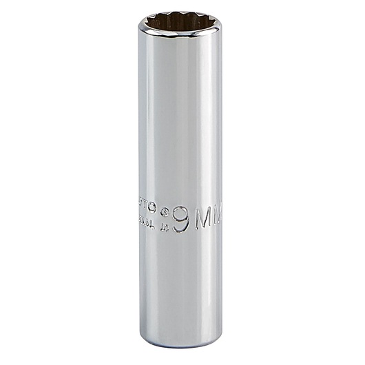 PROTO J4709LTM chrome 12-point deep socket, 9mm, photographed upright on white background.
