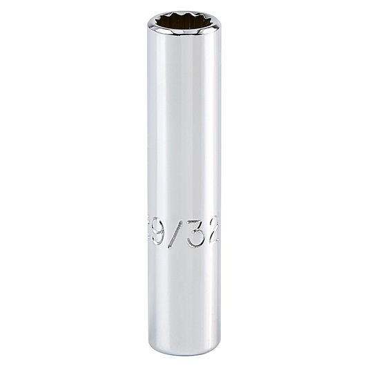 Photo of PROTO J4709LT chrome deep socket, 12-point design, tool upright on white background.