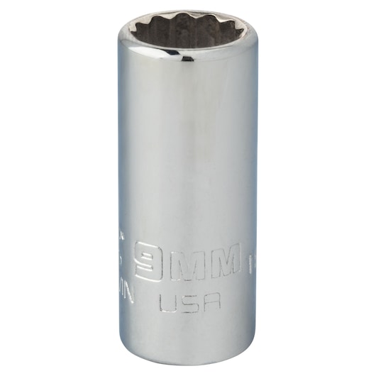 PROTO J4709MN chrome 9mm socket, cylindrical with embossed markings, product side angle on white background.