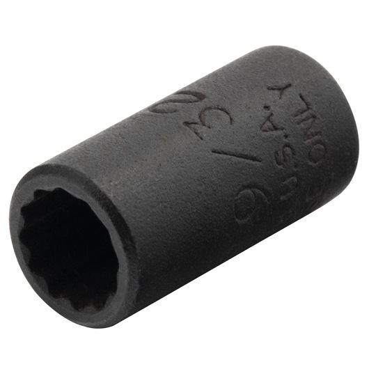 PROTO J4709TB black impact socket, cylindrical, 12-point, angled on white background