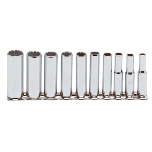 PROTO J47100 chrome socket set with 11 pieces, side view on white background.