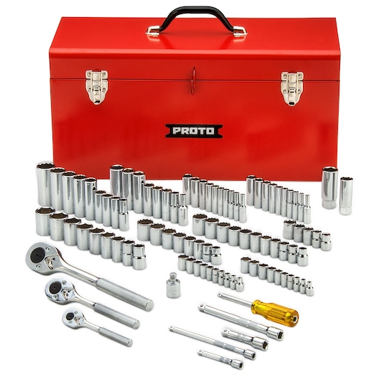 PROTO J47101-1 mechanic socket and ratchet set with assorted chrome sockets, handles, extensions, and red metal toolbox, front angle.