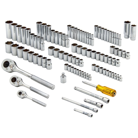 PROTO J47101 socket and ratchet set with screwdriver and extensions, chrome finish, photography, top view.
