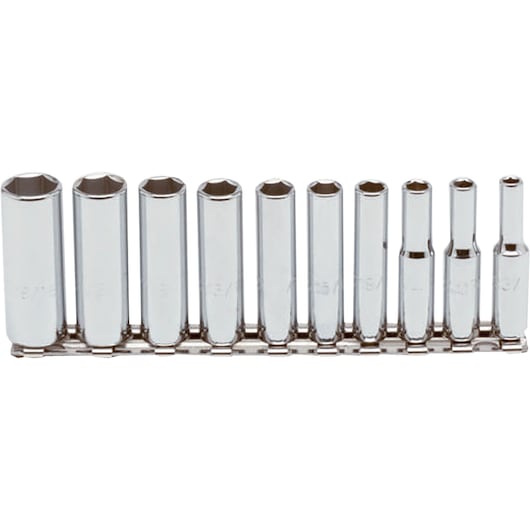 PROTO J47102 chrome socket set with 11 pieces on rail, front angle, white background.