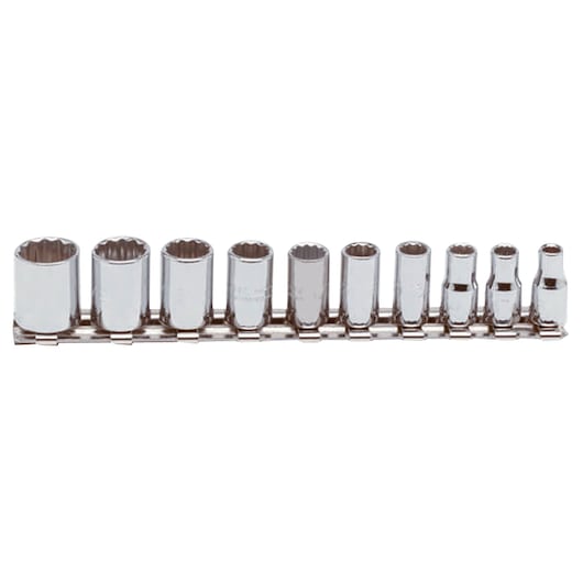 PROTO J47104 socket set with 11 chrome sockets on rail, front angle, on white background.