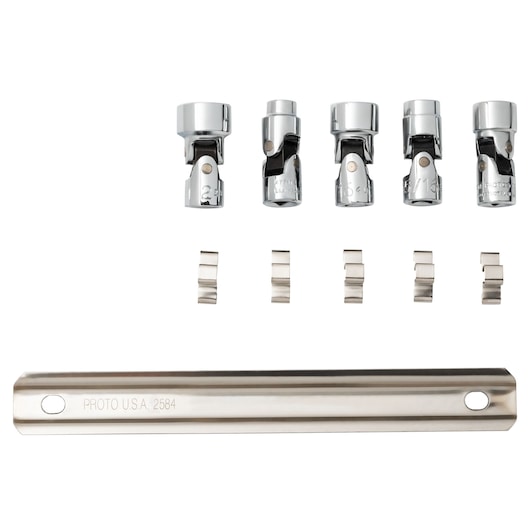 PROTO J47105 socket accessory set with four chrome universal joints and metal rail, top view on white.