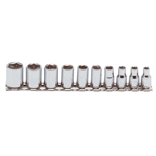 PROTO J47106 chrome socket set photography, front angle, eleven sockets on metal rail.