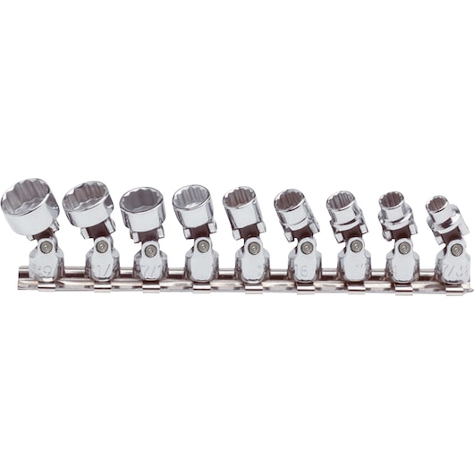 PROTO J47107 chrome socket set with pivot heads, nine pieces, front angle on white background.