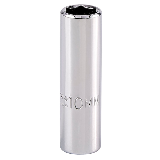 PROTO J4710LM chrome 10mm deep socket, cylindrical design, white background, front angle.