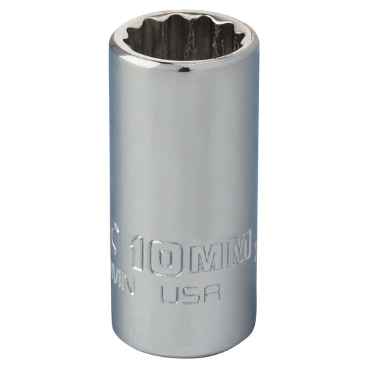 PROTO J4710MN chrome 10mm socket, deep well, 12-point design, upright angle on white background.