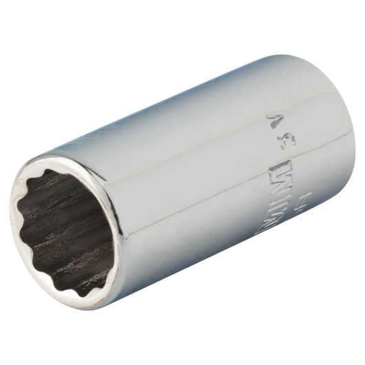 PROTO J4710MN silver twelve-point socket, side angle, chrome finish tool photography.