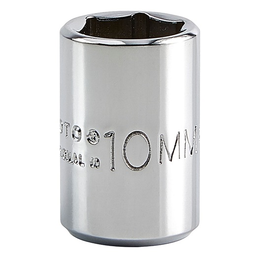 PROTO J4710M chrome 10mm socket, cylindrical shape, close-up angled on white background.