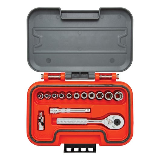 PROTO J47114S socket and ratchet set in red and gray case, top-down view with sockets and accessories organized inside.