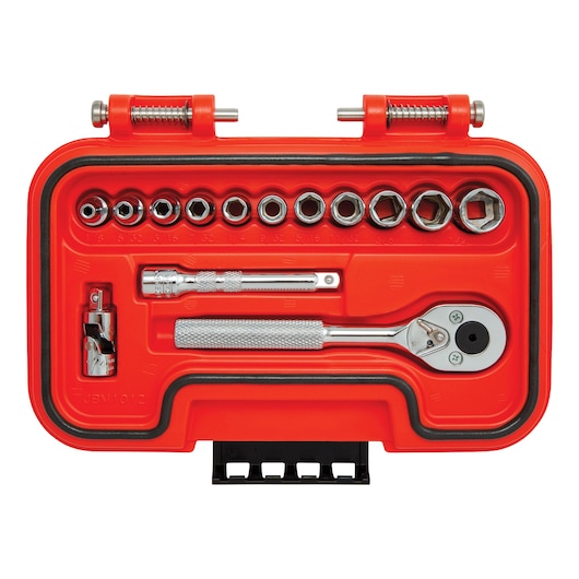 PROTO J47114S socket wrench set in red case, top view, includes ratchet and multiple sockets.