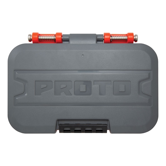 Photo of PROTO J47114S tool case, gray with red and silver latch, top view on white background.