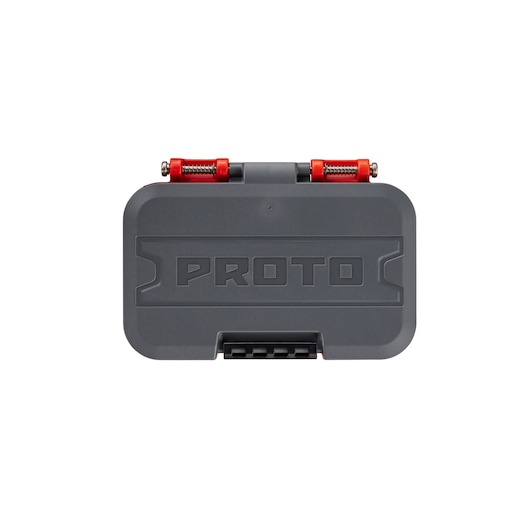 Front view of PROTO J47115AS gray plastic tool case with red hinges on white background.
