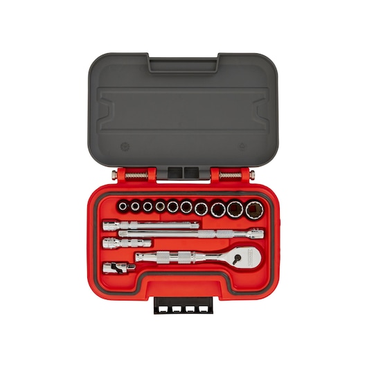 PROTO J47115AS socket and ratchet set in a red and black case, top-down view, photography on white background.