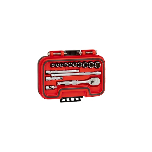 PROTO J47115AS socket set with ratchet and extensions in a red hard case, top-down view on white background.