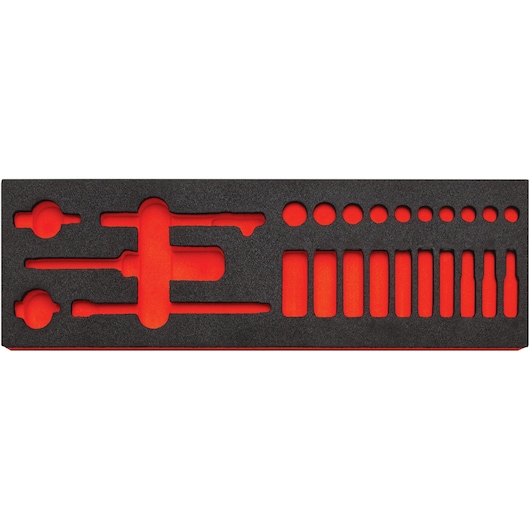 PROTO J47116F black and red foam tool organizer insert, empty with cutouts for assorted tools, top view.
