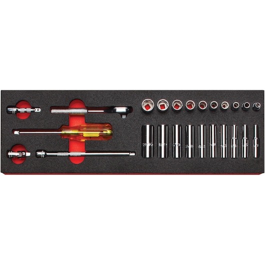 PROTO J47116K socket set with ratchet, screwdriver, and chrome sockets in foam tray, top view.
