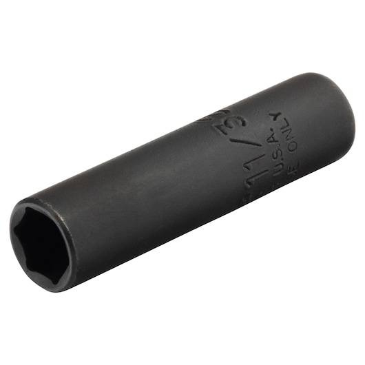 Photo of PROTO J4711LB black impact socket, cylindrical, six-point design, angled on white background.