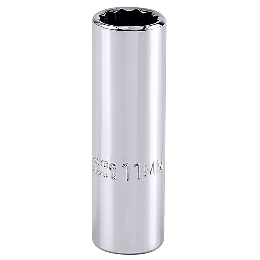 PROTO J4711LTM chrome 11mm deep socket, front angle, on white background.