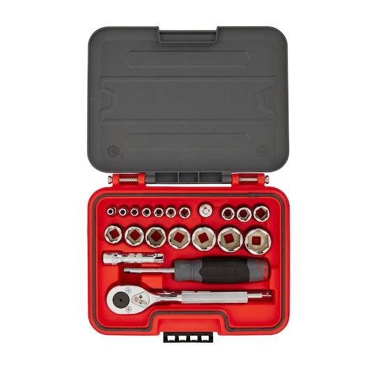PROTO J47122S socket and ratchet set in a red and gray case, top-down angle, showing multiple sockets and hand tools.