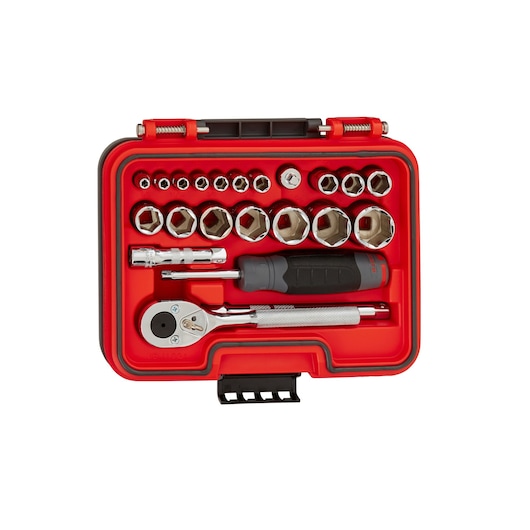 PROTO J47122S socket wrench set with ratchet, extension bars, sockets in a red plastic case, top view.