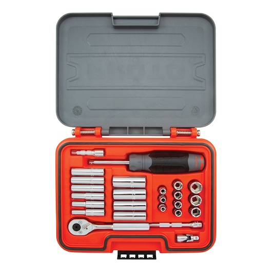 PROTO J47125S socket and ratchet set in red case, photo from above showing tools and grey lid.