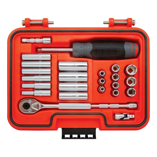 PROTO J47125S socket and ratchet set in orange case, top view photography showing all tools neatly arranged.