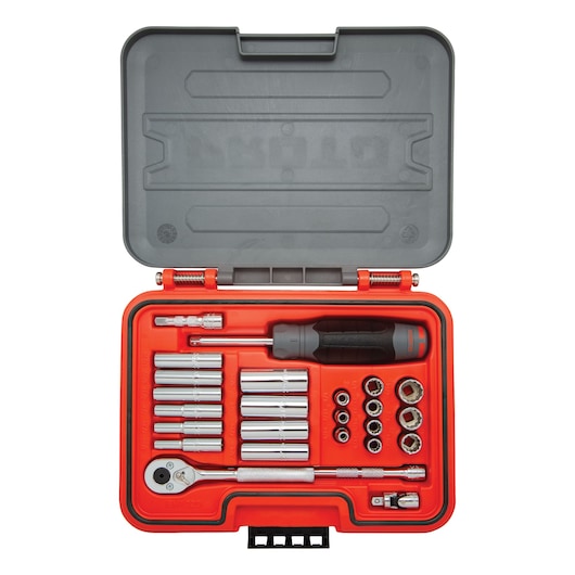 PROTO J47125T socket and ratchet set in red plastic case, top-down angle.