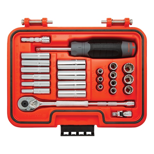 PROTO socket and ratchet set J47125T in red case, photography of tools on white background, top view.