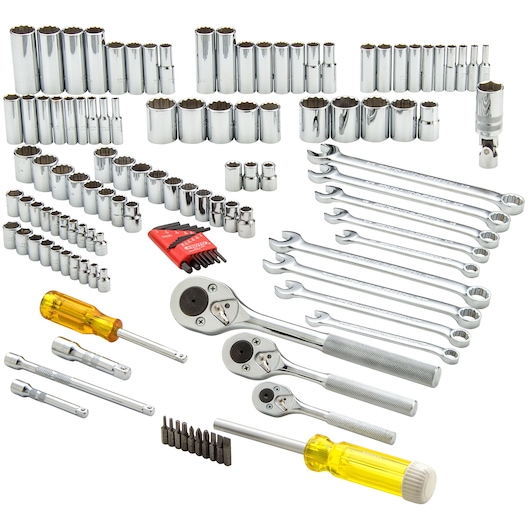PROTO J47125 socket and ratchet set with wrenches, screwdrivers, hex keys, bits, and accessories, white background, top view.