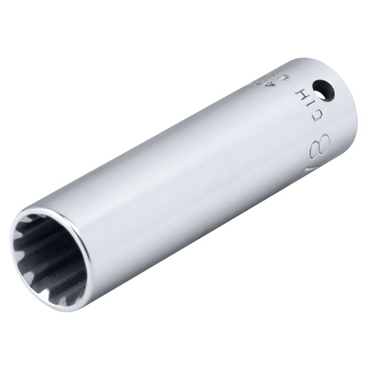 PROTO J4712DPL chrome finish deep socket, side angle on white background, tool category.