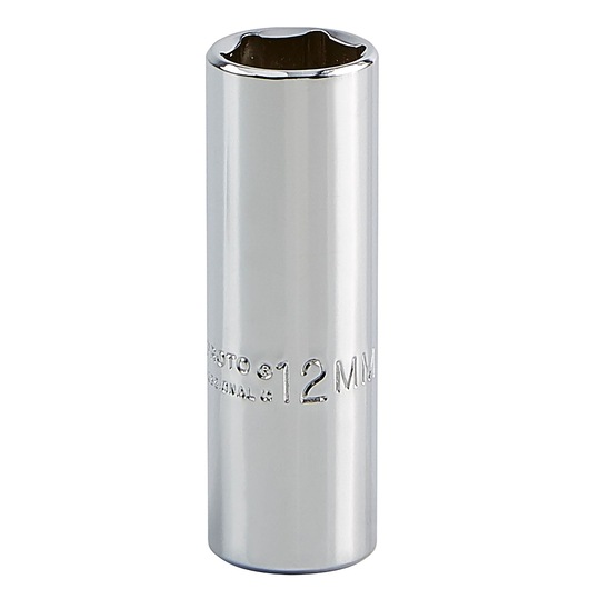PROTO J4712LM 12mm chrome socket, vertical angle, shiny finish, tool category photo on white background.