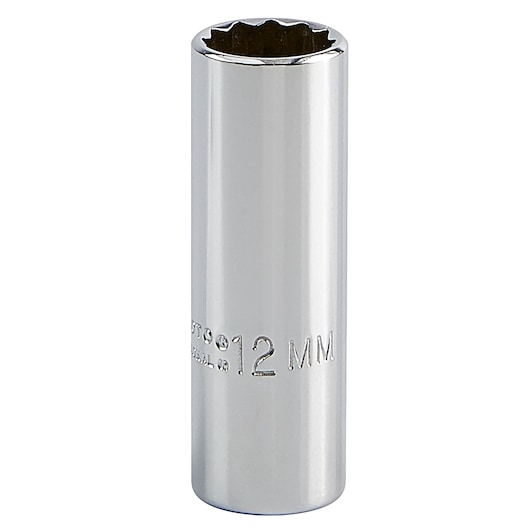 PROTO J4712LTM chrome 12mm deep socket, photographed upright on white background.